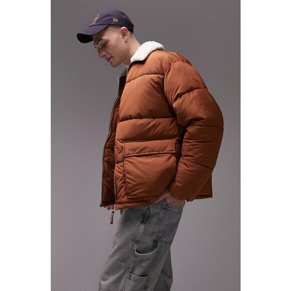 Topman Puffer Jacket with Faux Shearling Collar Sherpa Brown White Size M NWOT - Picture 3 of 11